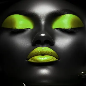Glossy black face with vivid green eye and lip styling