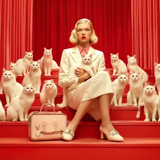 Fashion campaign with model on red stairs