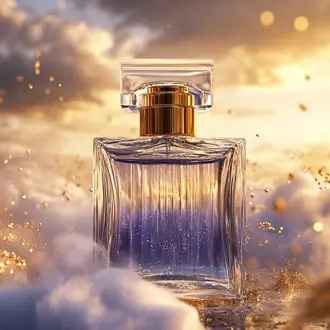 Fragrance bottle floating in a golden campaign scene