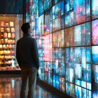 Person standing in front of a wall of digital screens