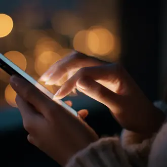 Hand using a smartphone in warm light