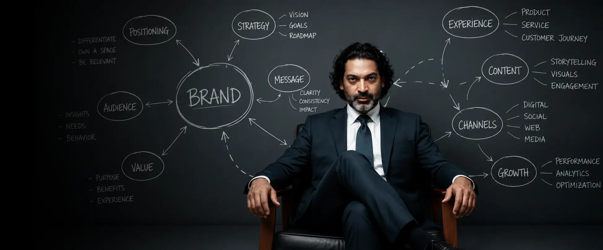 Fritz Colinet seated in front of a strategy board filled with brand and growth notes