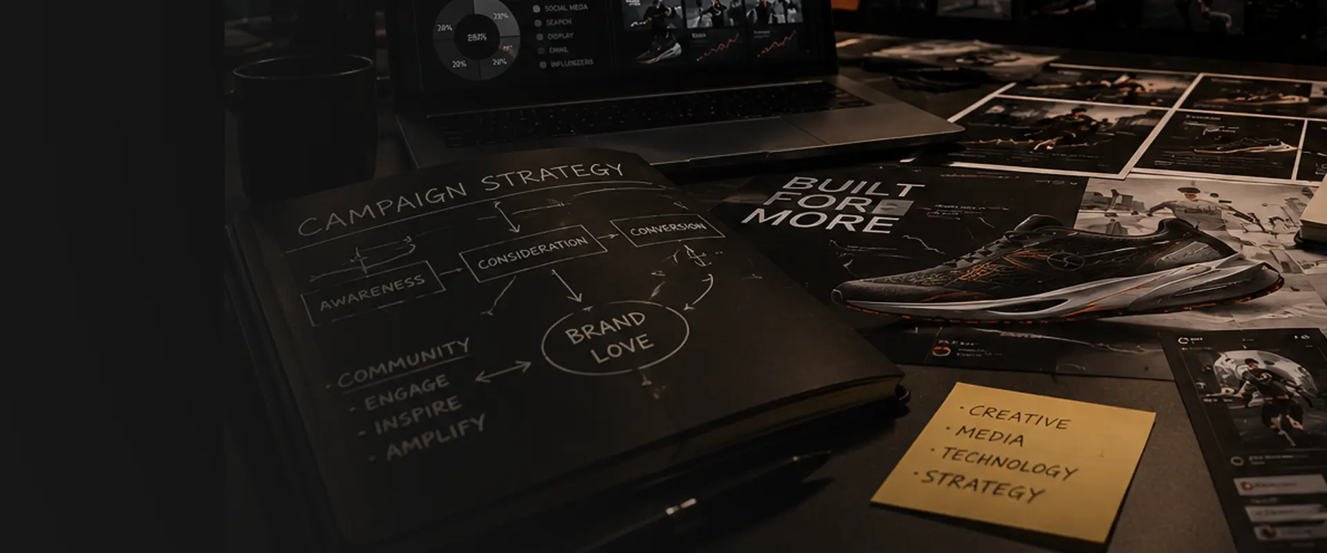 Campaign strategy workspace with footwear, boards and creative plans