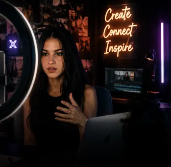 Creator speaking in front of a digital content studio wall