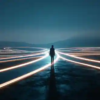 Person standing where bright light paths converge