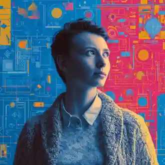 Portrait lit by colorful analytical graphics