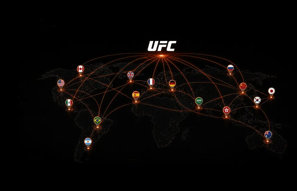 Global UFC identity map with national markers and connection arcs