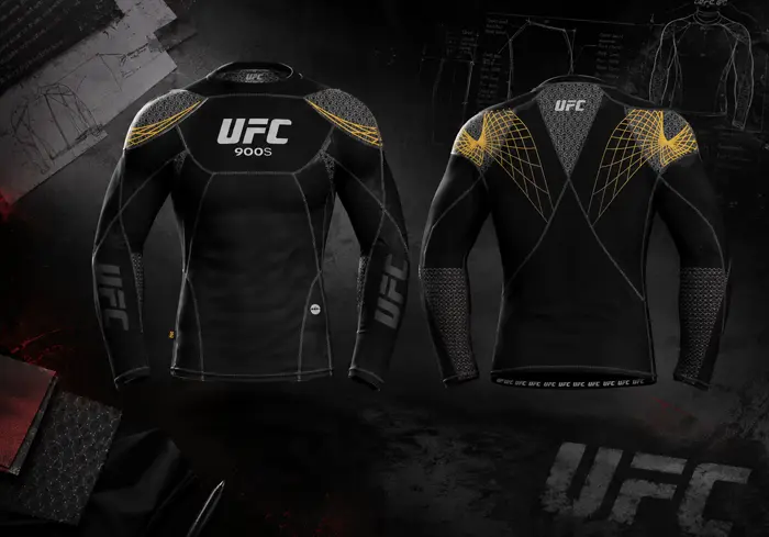 Black and gold UFC uniform design presented on a dark product board