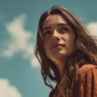 Woman looking upward against a bright sky