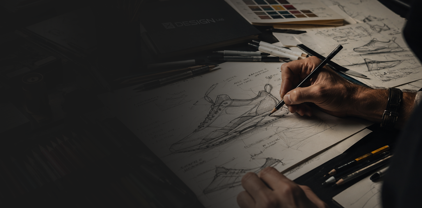 Hand drawing product concept sketches on a work table