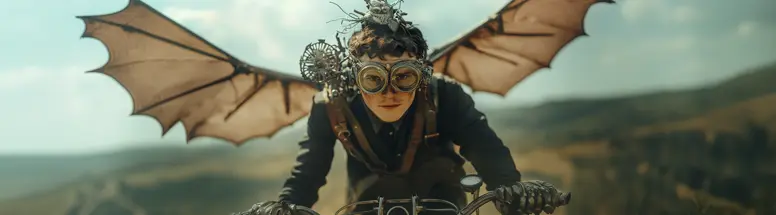 Winged futuristic character in a cinematic landscape