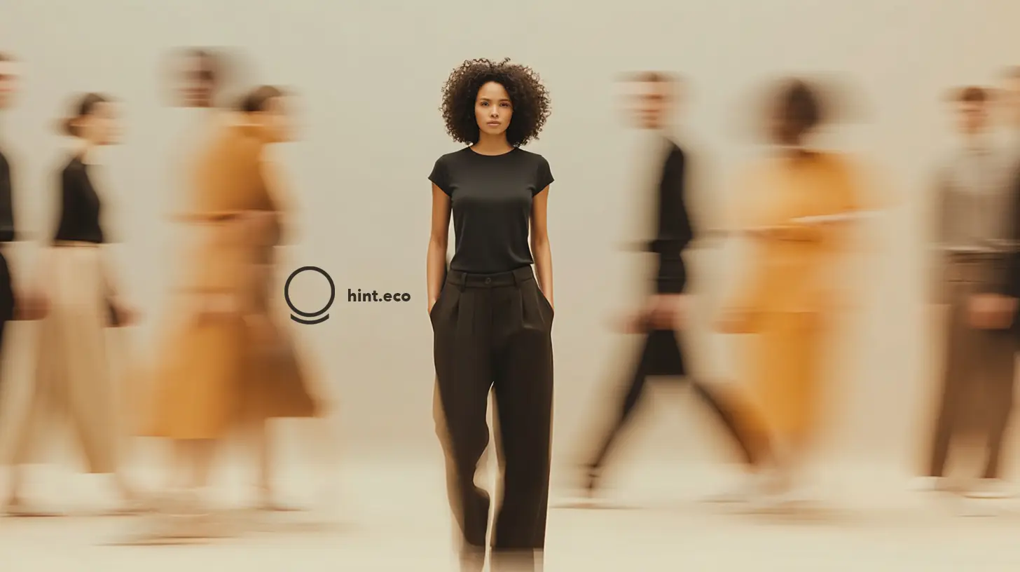 Hint Eco apparel campaign with a model standing among blurred figures