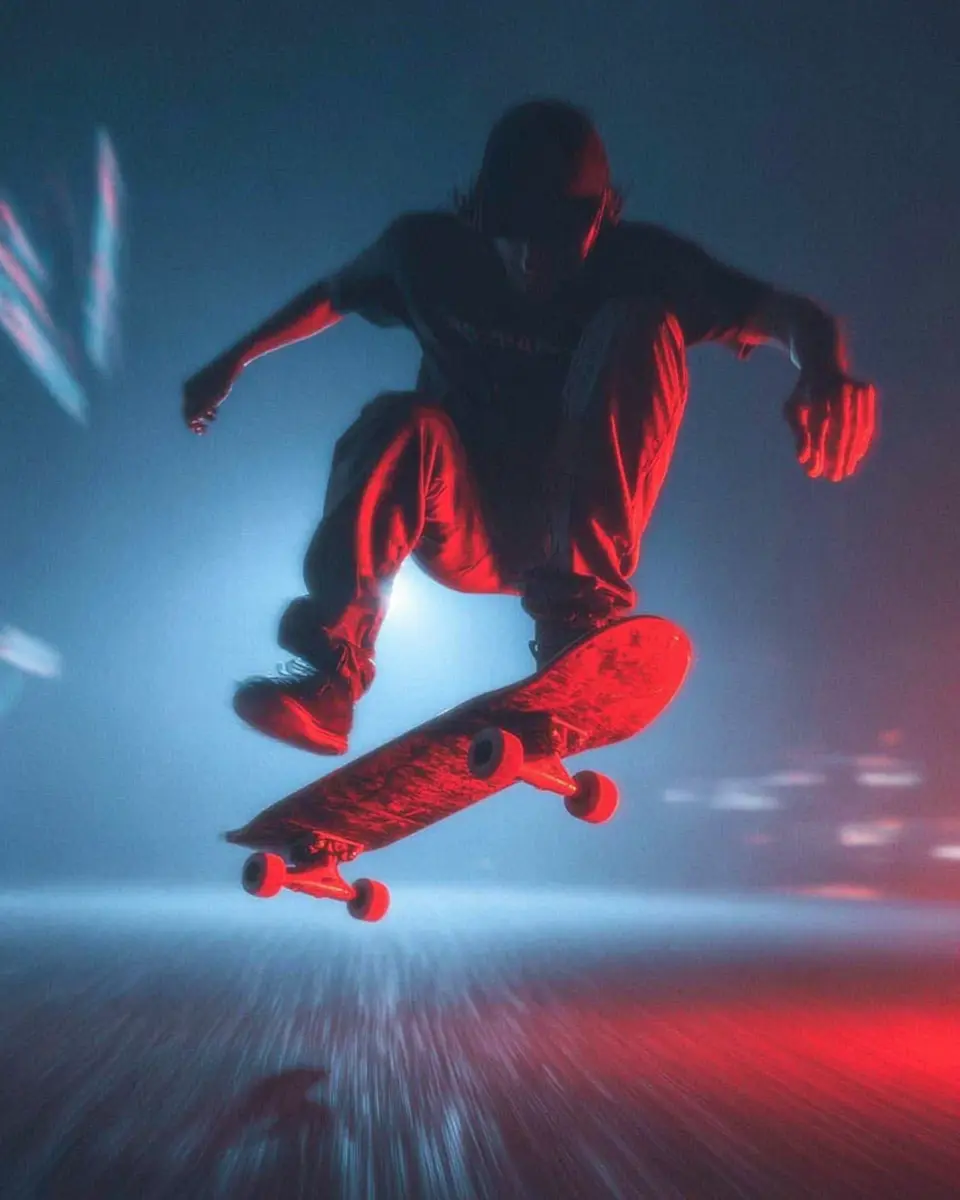 Skateboarder in red and blue light
