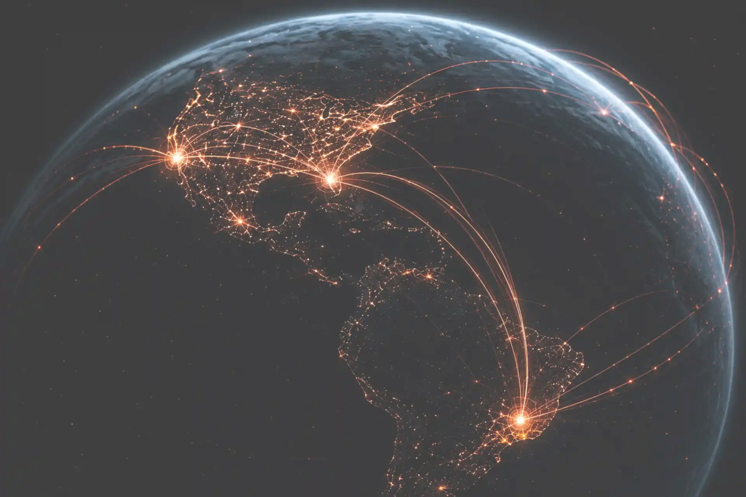 Earth at night with orange connection arcs